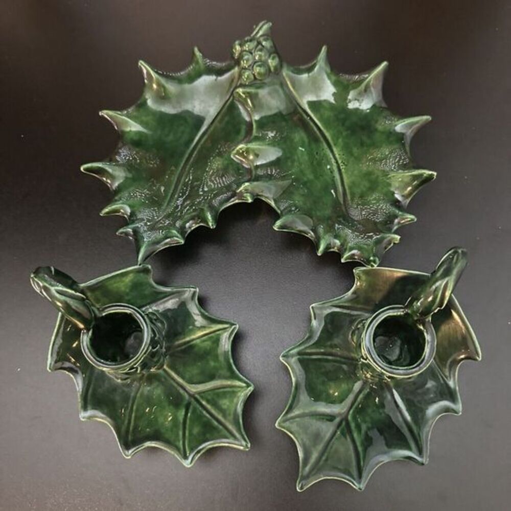 Vintage Christmas Candle Holders Holly Leaf RARE CERAMIC PORCELAIN set of 3